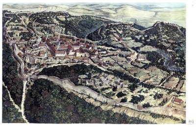 Medioevo: veduta della città medievale di Volterra, circondata da bastioni, nel X secolo. Toscana. Italia Illustrazione di Giorgio Albertini. (L