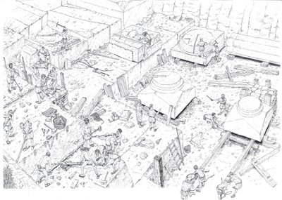 Medioevo: veduta che rappresenta gli operai al lavoro nelle cave di marmo di Carrara (Carrara) nel XV secolo. Italia Illustrazione di Giorgio Albertini. (L