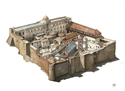 Panoramica del monastero ortodosso di Santa Caterina del Sinai in Egitto. Illustrazione di Giorgio Albertini. (L