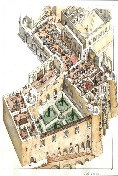 Ricostruzione del piano nobile del Palazzo Ducale di Urbino, Italia. Fu costruito dal duca Federico da Montefeltro (Federico di Montefeltre, duca di Urbino) nel XV secolo. da Giorgio Albertini