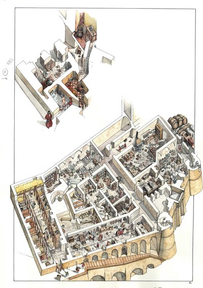 Ricostruzione in vista del taglio dei sotterranei dove si trova il piano dei servizi (abitazioni domestiche, bagni, cucina, scuderie) nel palazzo ducale della città di Urbino, in Italia. Fu costruito dal duca Federico da Montefeltro (Frederic de Mont da Giorgio Albertini