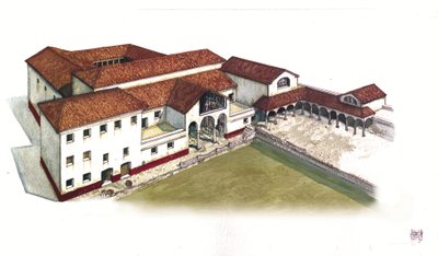 Roman Antiquite: ricostruzione del sito della domus delle Porte Marine (domus di porta marina) a Ostia antica nel IV secolo, Italia. da Giorgio Albertini