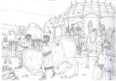 Antichità romana: scena del sacrificio di un toro in omaggio a Giove presso il lago di Nemi, Roma. da Giorgio Albertini