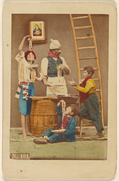 [Uomo non identificato con i baffi che prepara la pasta, tre ragazzi che la mangiano o lo aiutano a farla]. da Giorgio Conrad