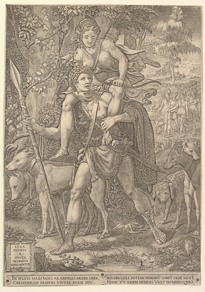 Allegoria della caccia, un cacciatore che tiene una grande lancia portando una donna Diana sulle spalle, 1556 da Giorgio Ghisi