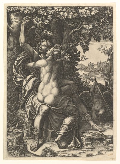 Angelica e Medoro, la coppia che si abbraccia, Medoro incide i loro nomi sulla corteccia di un albero, ca. 1570 da Giorgio Ghisi