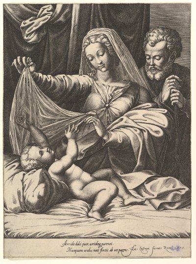 Madonna di Loreto, la Vergine solleva un velo sopra il Bambino, che giace su un letto e un cuscino, 1575 da Giorgio Ghisi