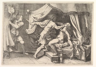 Tarquinio attacca Lucrezia, un servitore a sinistra assiste alla scena, ca. 1540 da Giorgio Ghisi