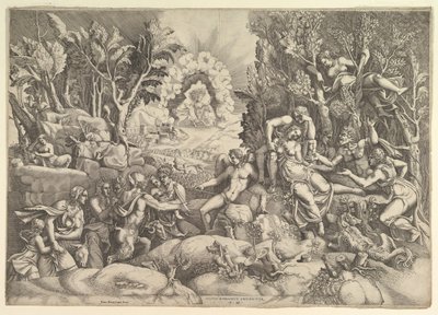 La morte di Procri, Cefalo piange la morte di Procri a destra circondato da..., ca. 1540 da Giorgio Ghisi