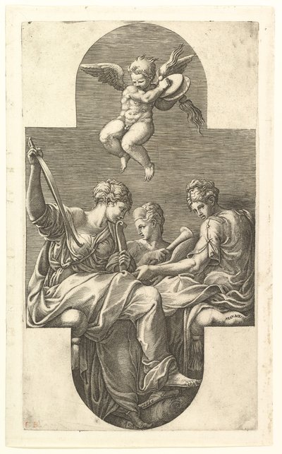 Tre Muse e un Putto con Cembali, una composizione cruciforme, da una serie di otto..., 1560s da Giorgio Ghisi