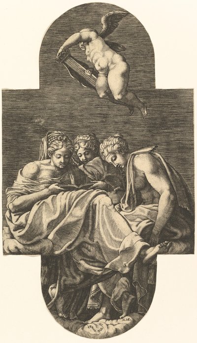 Tre muse e un putto sopra con una lira, da una serie di otto composizioni dopo Fran..., 1560s da Giorgio Ghisi
