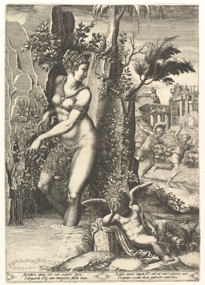 Venere punta dalle spine di un cespuglio di rose, sullo sfondo Marte che insegue Adone da Giorgio Ghisi