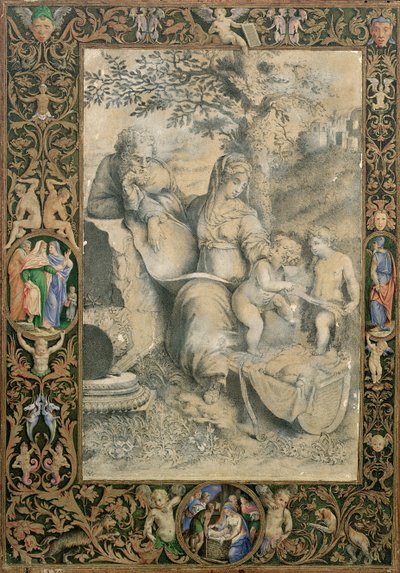 Bordo di un Manoscritto Miniato che circonda un disegno dopo La Sacra Famiglia sotto la Quercia di Raffaello (attribuito a Clovio) da Giorgio Giulio Clovio