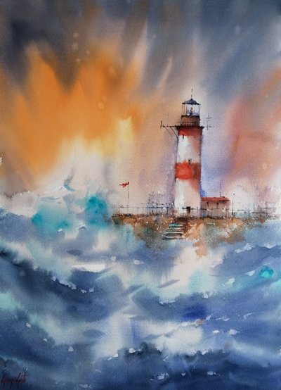 Paesaggio marino con faro in tempesta da Giorgio Gosti