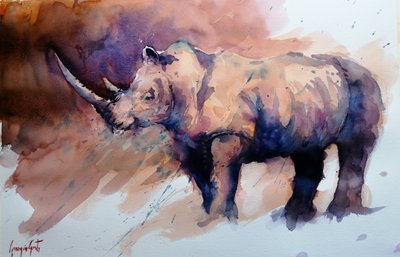 Un rinoceronte dai colori vivaci dipinto ad acquerello da Giorgio Gosti
