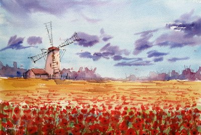 Un vivace campo di papaveri vicino al mulino a vento da Giorgio Gosti