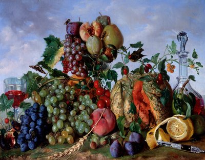 Natura morta di frutta del mese di agosto: pesche, melone, uva, prugne di Damasco, pere da Giorgio Rovea