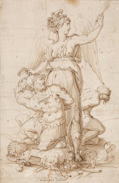 Vittoria alata con ramo di palma e tre prigionieri inginocchiati su trofei da Giorgio Vasari