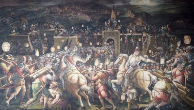 Italia, Firenze, Palazzo Vecchio, Salone dei Cinquecento, Presa del Forte vicino a Porta Camollia a Siena da Giorgio Vasari