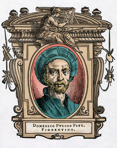 Ritratto di Domenico PULIGO [1492-1527] pittore italiano. Incisione del trattato "Le vite dei più eccellenti pittori, scultori e architetti" di Giorgio Vasari da Giorgio Vasari