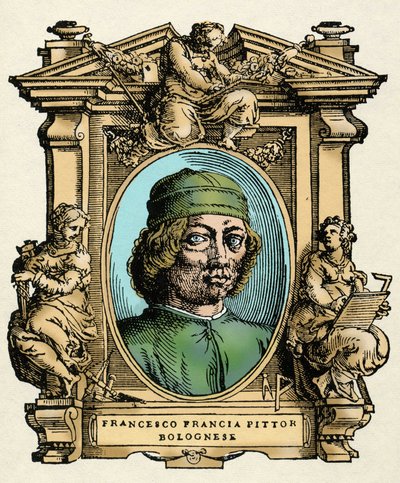 Ritratto di Francesco Francia (1450-1517) pittore italiano. Incisione del trattato “Le Vite dei più eccellenti pittori, scultori e architetti” di Giorgio Vasari da Giorgio Vasari