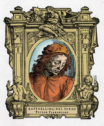 Ritratto di Raffaellino del Garbo (Raffaellino de Carli) (1466-1525) pittore italiano. Incisione del trattato “Le Vite dei più eccellenti pittori, scultori e architetti” di Giorgio Vasari da Giorgio Vasari