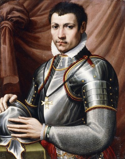 Ritratto di un cavaliere di Malta, mezzo busto, in armatura, con un elmo su un tavolo, una tenda dietro da Giorgio Vasari