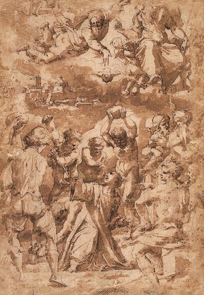 La lapidazione di Santo Stefano, con la Trinità sopra da Giorgio Vasari