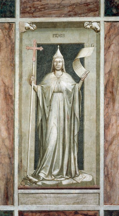 Fede, figura femminile che tiene la Croce e un rotolo simbolo della Verità Rivelata, mentre distrugge un idolo e sta sui simboli della Kabbalah, ciclo di affreschi I Vizi e le Virtù, dopo il restauro, Cappella degli Scrovegni, Padova, Veneto, Italia da Giotto (c.1266 1337)