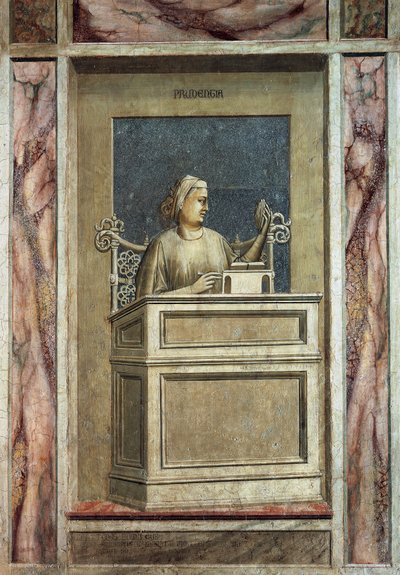 Prudenza, figura femminile seduta a una scrivania, guarda al passato per imparare dall