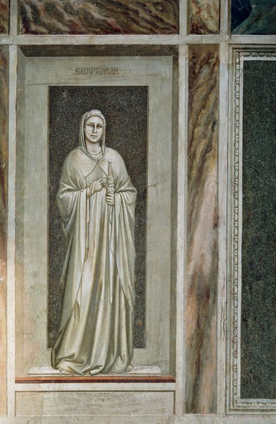 Temperanza, figura gentile con spada legata al fodero e una briglia alla bocca che simboleggia il controllo delle parole, di Giotto, dettaglio dal ciclo di affreschi I Vizi e le Virtù da Giotto (c.1266 1337)