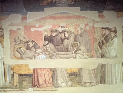 La Morte di San Francesco, dettaglio del catafalco e dei piangenti da Giotto di Bondone
