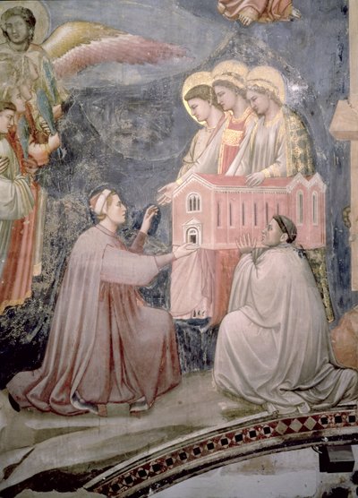 Il Giudizio Universale (dettaglio del patrono Enrico Scrovegni che presenta un modello della chiesa, c.1305) da Giotto di Bondone