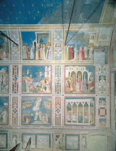 Vista degli affreschi sulla parete sinistra, c.1303-05 (post-restauro) da Giotto di Bondone