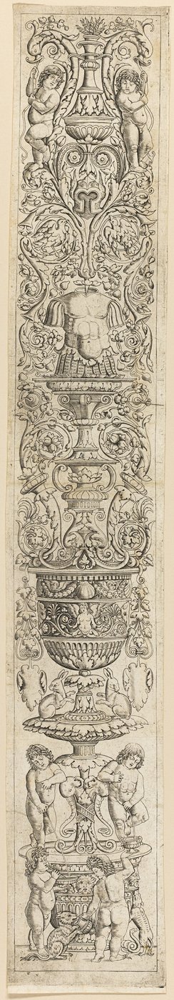 Quattro bambini con un gatto e un cane, piatto nono di Twelve Ornament Panels da Giovan Pietro Birago