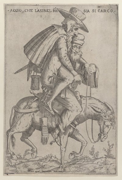 Caricatura con due uomini su un mulo da Giovanni Ambrogio Brambilla