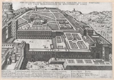 Speculum Romanae Magnificentiae: Vista aerea del Belvedere e dei suoi giardini, 1579 da Giovanni Ambrogio Brambilla.