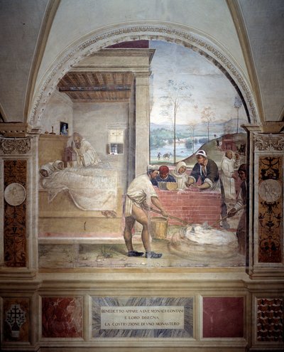 Benedetto appare a due monaci e presenta loro il progetto di un monastero (affresco del chiostro di Antonio Bazzi detto il Sodoma) da Giovanni Antonio Bazzi Sodoma