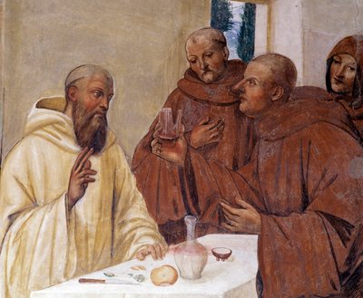 Benedetto rompe un bicchiere di vino avvelenato facendo il segno della croce (dettaglio). Affresco del chiostro di Antonio Bazzi detto il Sodoma (1477 - 1549) che racconta la vita di San Benedetto da Norcia (480 - 567) fondatore dell