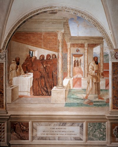 Benedetto rompe un bicchiere di vino avvelenato facendo il segno della croce affresco del chiostro realizzato da Antonio Bazzi detto il Sodoma (1477 - 1549) che racconta la vita di San Benedetto da Norcia (480 - 567) fondatore dell