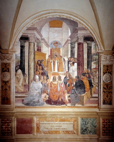 San Benedetto scomunica due suore e le assolve dopo la loro morte (affresco) da Giovanni Antonio Bazzi Sodoma