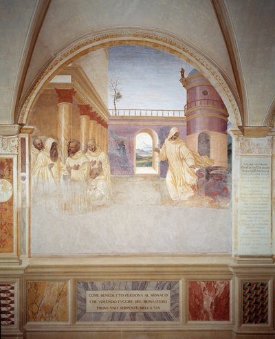 Benedetto perdona il monaco che, cercando di fuggire dal monastero, ha trovato un serpente sulla sua strada da Giovanni Antonio Bazzi Sodoma