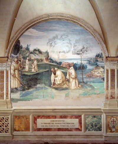 Benedetto fa cadere una falce nel lago affresco del chiostro realizzato da Giovan Antonio Bazzi detto il Sodoma (1477-1549) che racconta la vita di San Benedetto da Norcia (480 - 567) fondatore dell