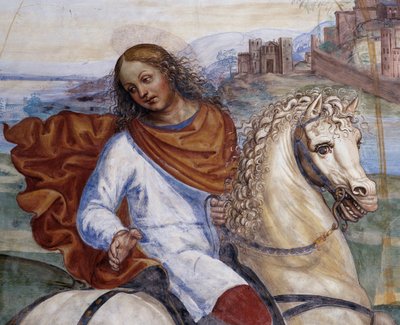 Benedetto lascia la casa paterna e va a Roma a studiare (dettaglio). Affresco del chiostro di Antonio Bazzi detto il Sodoma (1477-1549) che racconta la vita di San Benedetto da Norcia (480 - 567) fondatore dell