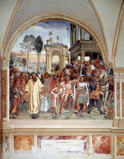 Benedetto riceve due giovani romani Mauro e Placido (affresco del chiostro di Antonio Bazzi detto il Sodoma) da Giovanni Antonio Bazzi Sodoma