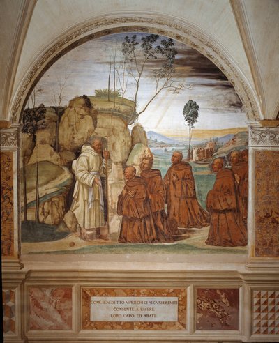 Come Benedetto risponde alla preghiera degli eremiti e accetta di essere il loro capo Affresco del chiostro realizzato da Antonio Bazzi detto il Sodoma (1477 - 1549) che racconta la vita di San Benedetto da Norcia (480 - 567) fondatore dell