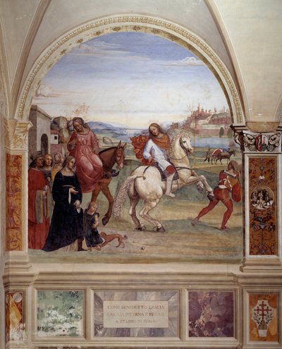 Come Benedetto lasciò la casa paterna e andò a Roma a studiare (affresco del chiostro di Antonio Bazzi detto il Sodoma) da Giovanni Antonio Bazzi Sodoma