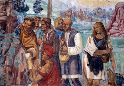 Come Benedetto insegna la dottrina sacra ai contadini che lo visitano (dettaglio) - affresco del chiostro realizzato da Antonio Bazzi detto il Sodoma (1477 - 1549) che racconta la vita di San Benedetto da Norcia (480 - 567) fondatore dell