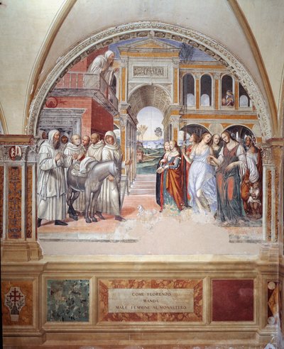 Come Fiorenzo manda prostitute al monastero - affresco del chiostro realizzato da Antonio Bazzi detto il Sodoma (1477 - 1549) che racconta la vita di San Benedetto da Norcia (480 - 567) fondatore dell