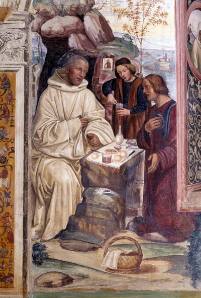 Come un prete portò cibo a Benedetto a Pasqua (dettaglio) - affresco del chiostro realizzato da Antonio Bazzi detto il Sodoma (1477 - 1549) che racconta la vita di San Benedetto da Norcia (480 - 567) fondatore dell